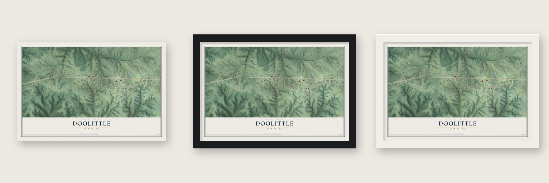 Doolittle, Missouri map unframed, in a black wood frame and in a white wood frame
