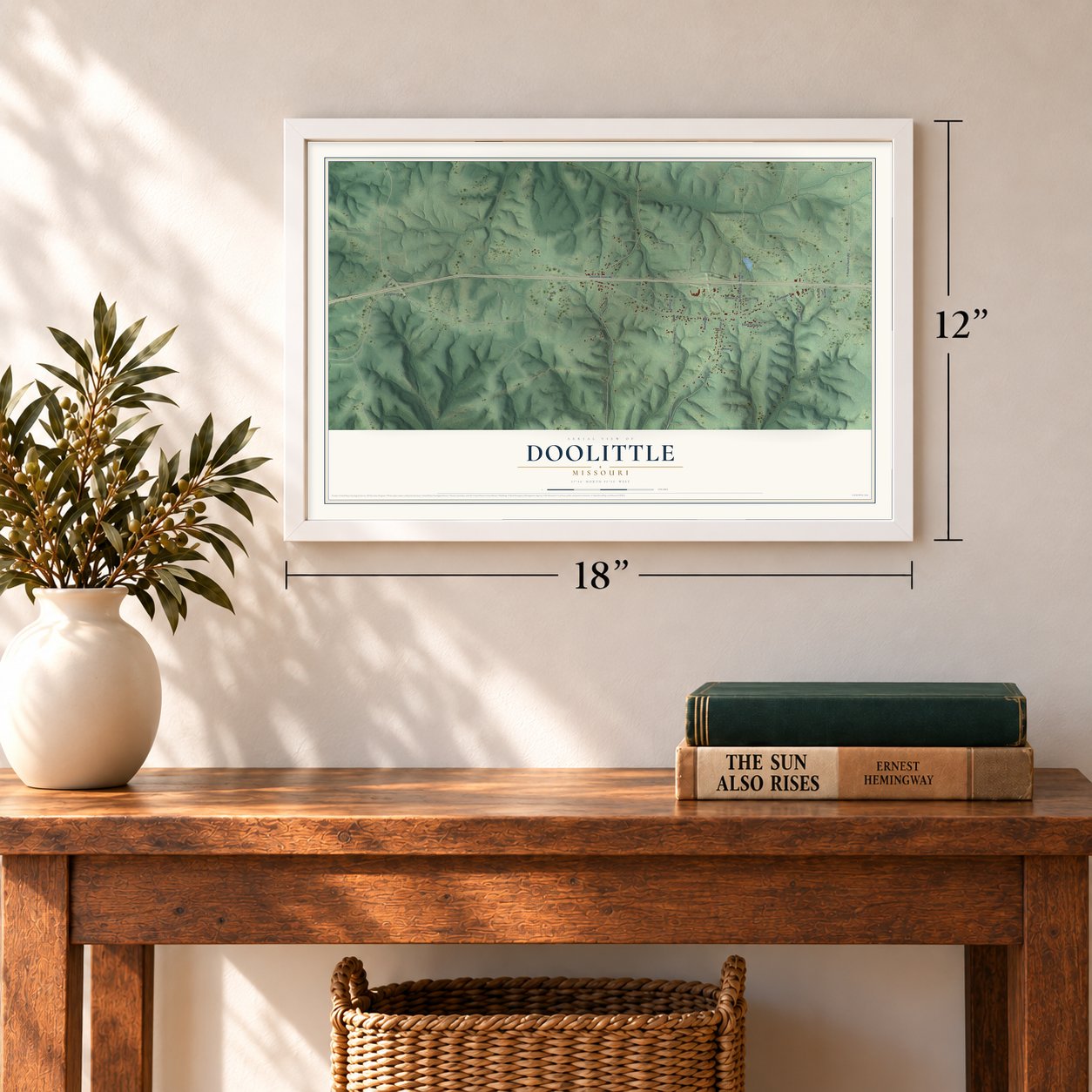 Doolittle, Missouri map, 12 x 18 inch print in a white frame in an entryway
