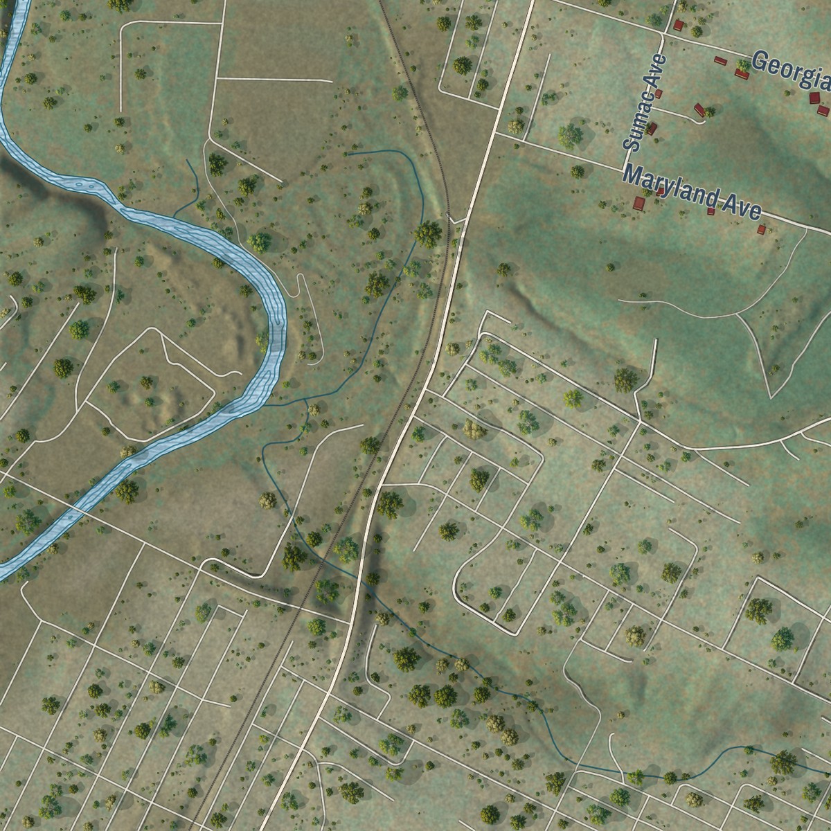 Second close-up of the map of Dooms, Virginia print showing more streets and buildings