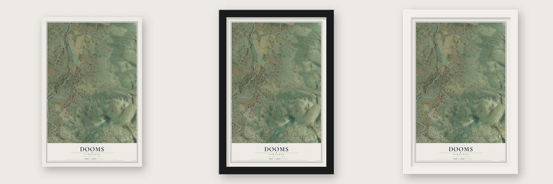 Dooms, Virginia map unframed, in a black wood frame and in a white wood frame