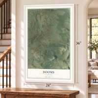 Dooms, Virginia map, 24 x 36 inch print in a white frame by a staircase