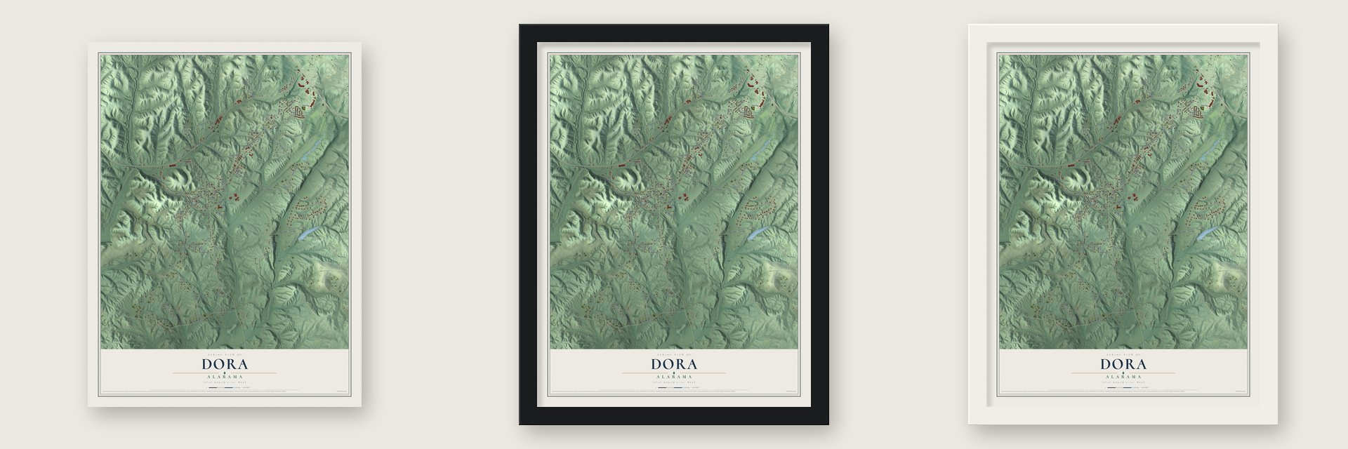 Dora, Alabama map unframed, in a black wood frame and in a white wood frame