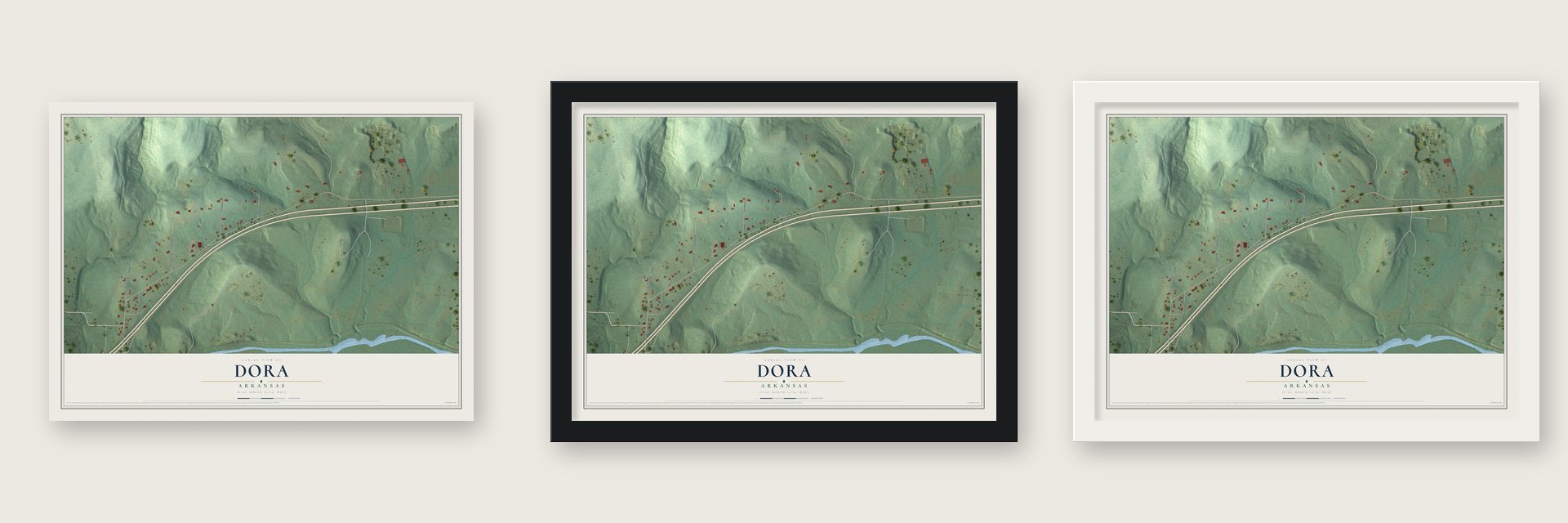 Dora, Arkansas map unframed, in a black wood frame and in a white wood frame