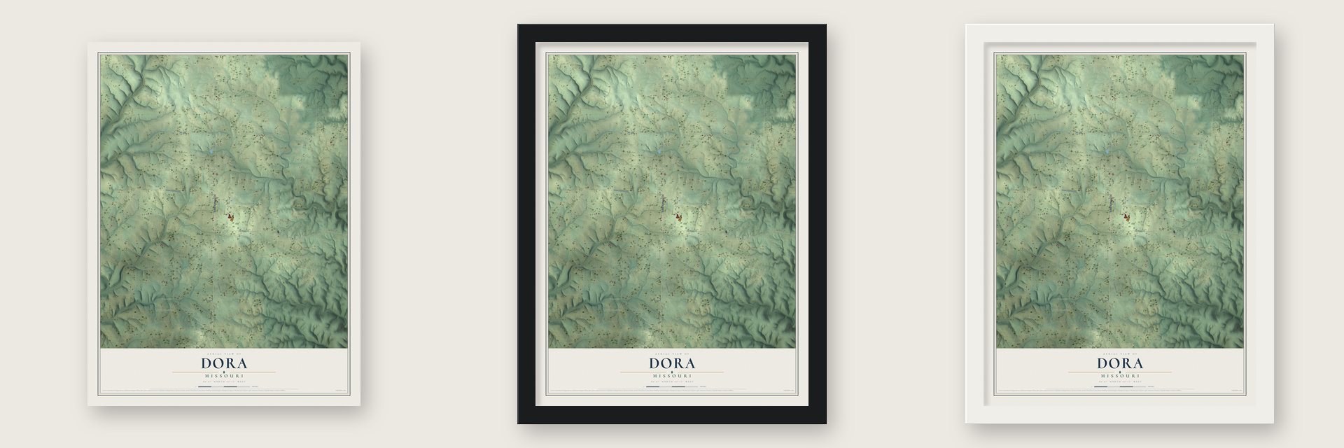 Dora, Missouri map unframed, in a black wood frame and in a white wood frame
