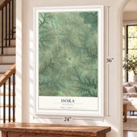 Dora, Missouri map, 24 x 36 inch print in a white frame by a staircase