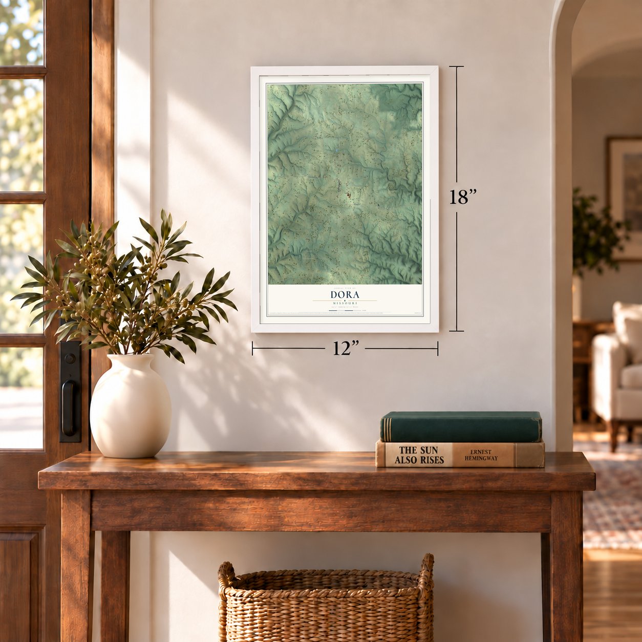 Dora, Missouri map, 12 x 18 inch print in a white frame in an entryway