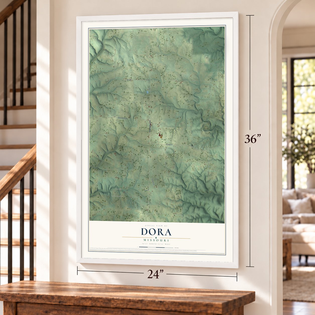 Dora, Missouri map, 24 x 36 inch print in a white frame by a staircase