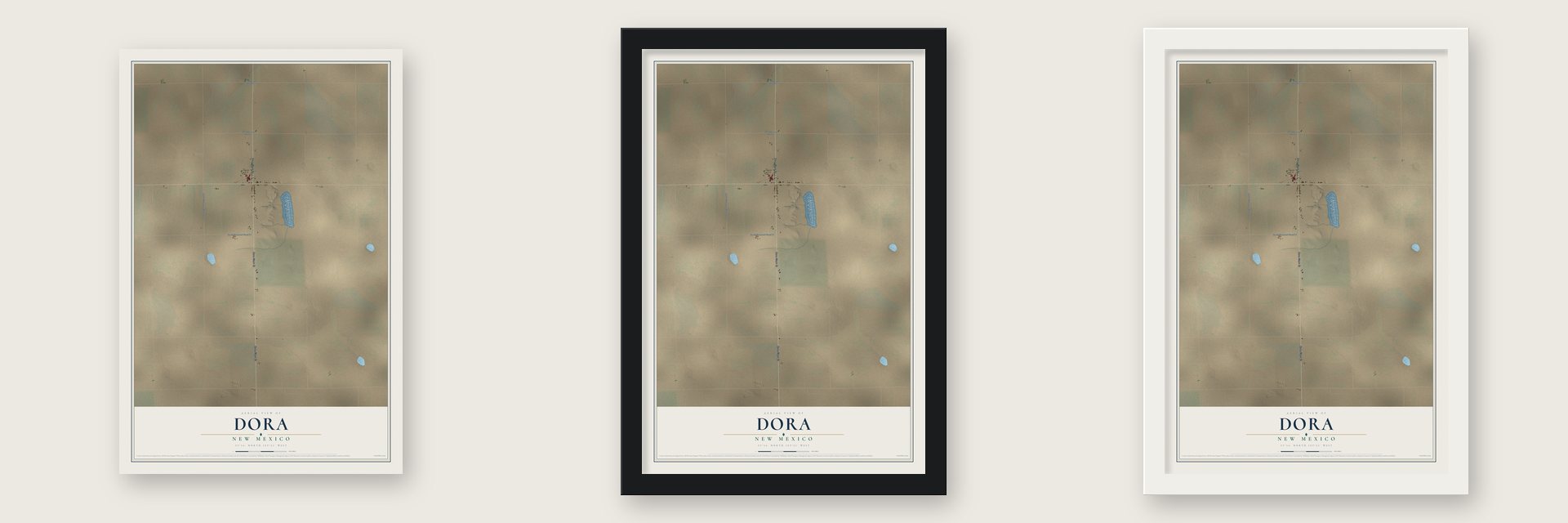 Dora, New Mexico map unframed, in a black wood frame and in a white wood frame