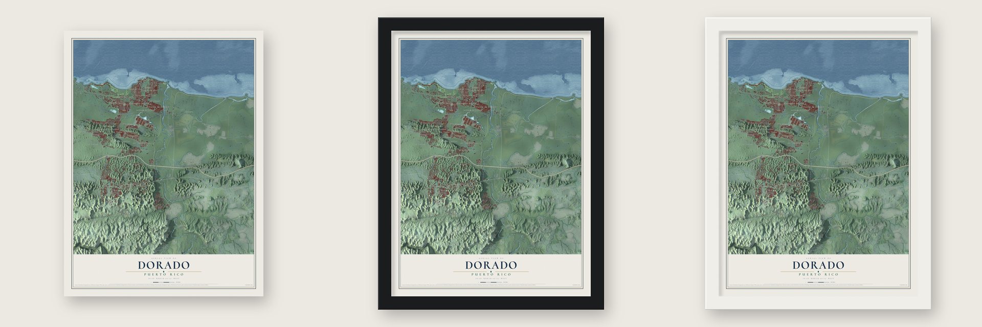 Dorado, Puerto Rico map unframed, in a black wood frame and in a white wood frame