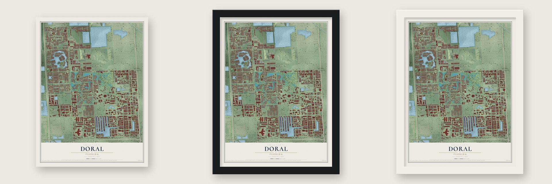 Doral, Florida map unframed, in a black wood frame and in a white wood frame