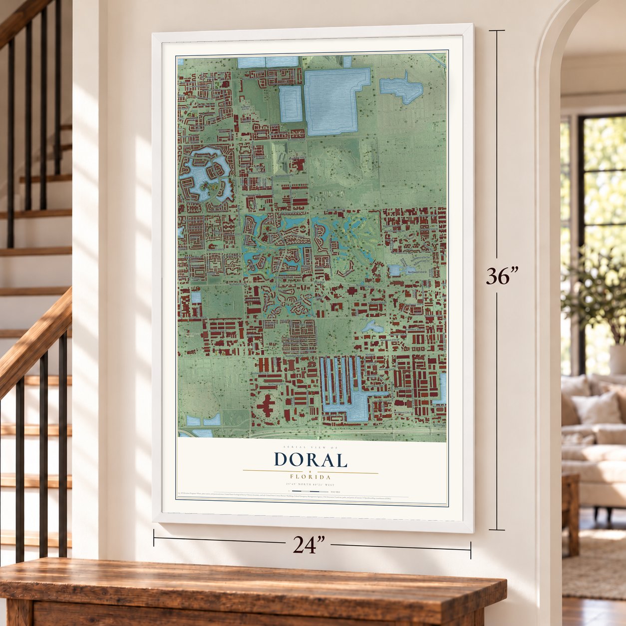 Doral, Florida map, 24 x 36 inch print in a white frame by a staircase