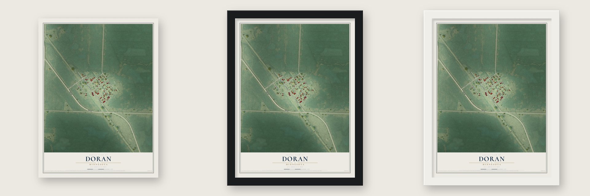 Doran, Minnesota map unframed, in a black wood frame and in a white wood frame