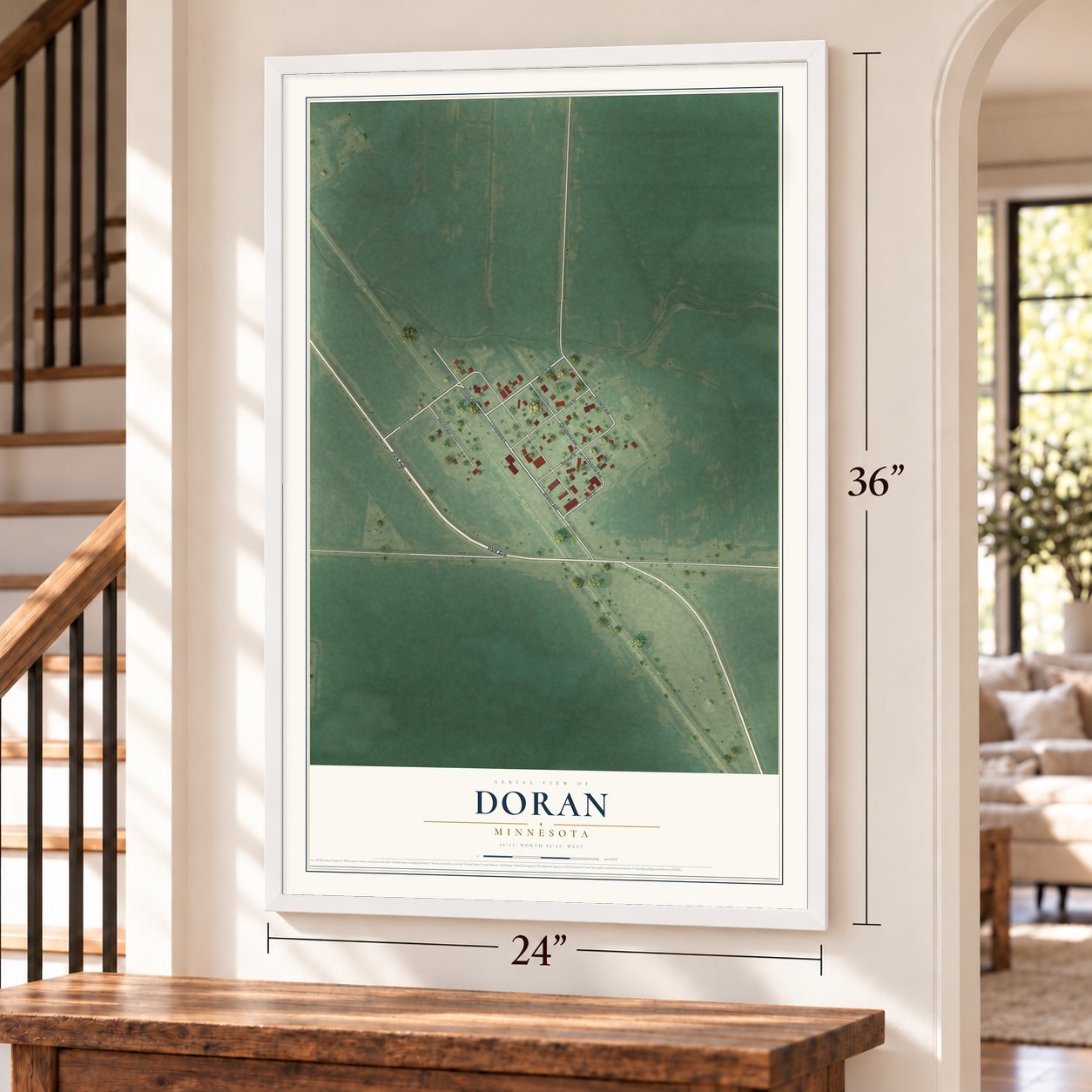 Doran, Minnesota map, 24 x 36 inch print in a white frame by a staircase