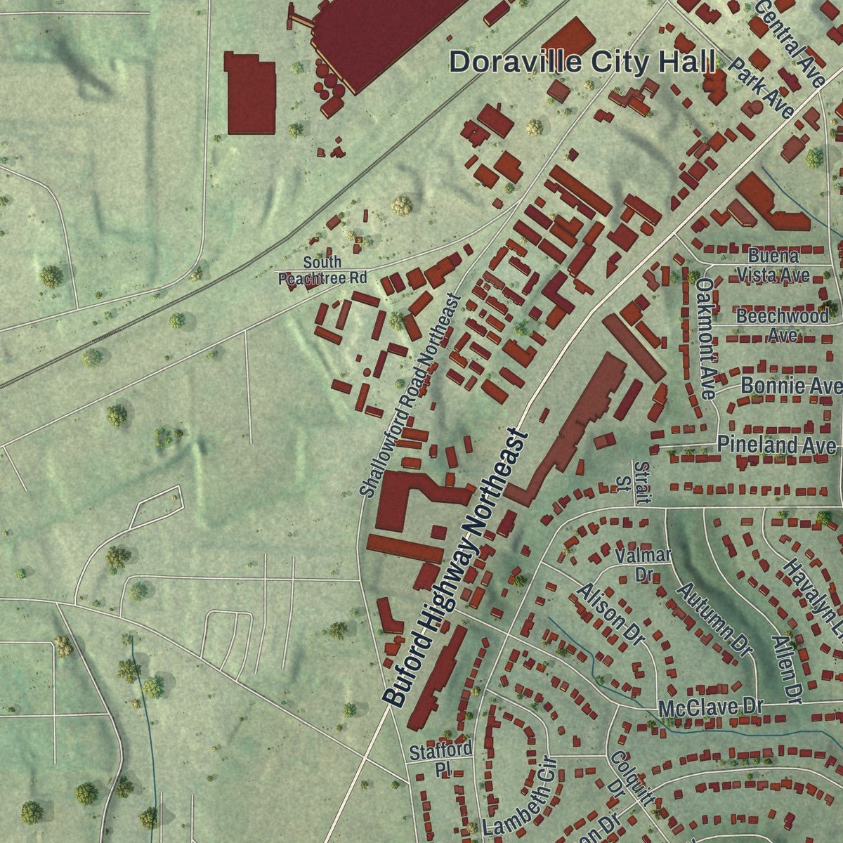 Second close-up of the map of Doraville, Georgia print showing more streets and buildings