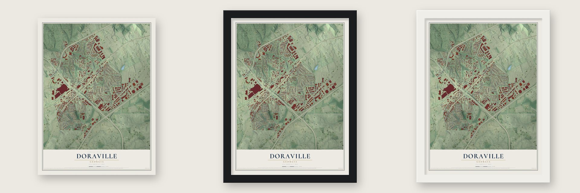 Doraville, Georgia map unframed, in a black wood frame and in a white wood frame