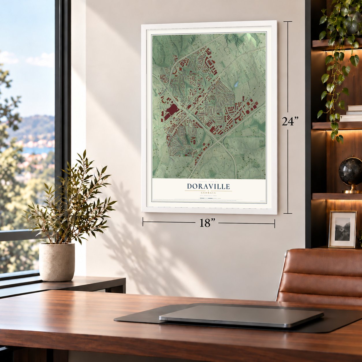 Doraville, Georgia map, 18 x 24 inch print in a white frame in a home office