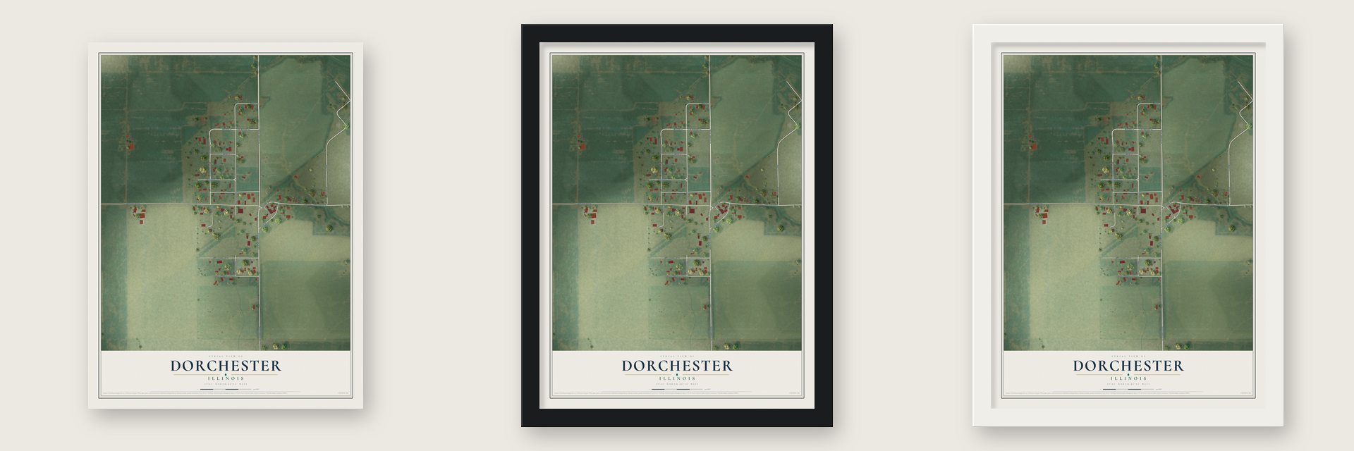 Dorchester, Illinois map unframed, in a black wood frame and in a white wood frame