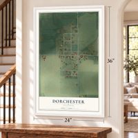 Dorchester, Illinois map, 24 x 36 inch print in a white frame by a staircase