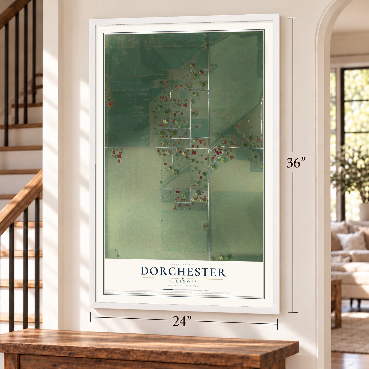 Dorchester, Illinois map, 24 x 36 inch print in a white frame by a staircase