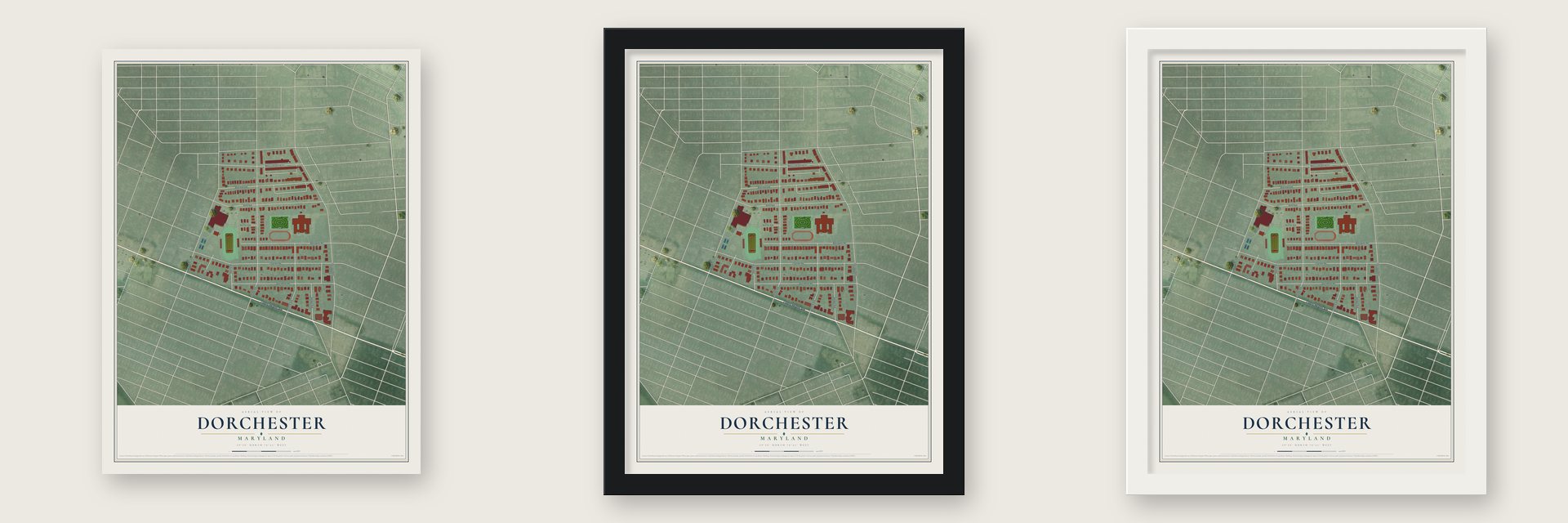 Dorchester, Maryland map unframed, in a black wood frame and in a white wood frame