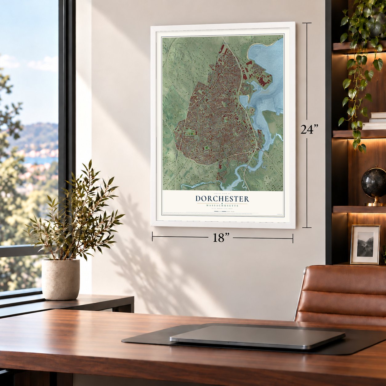Dorchester, Massachusetts map, 18 x 24 inch print in a white frame in a home office