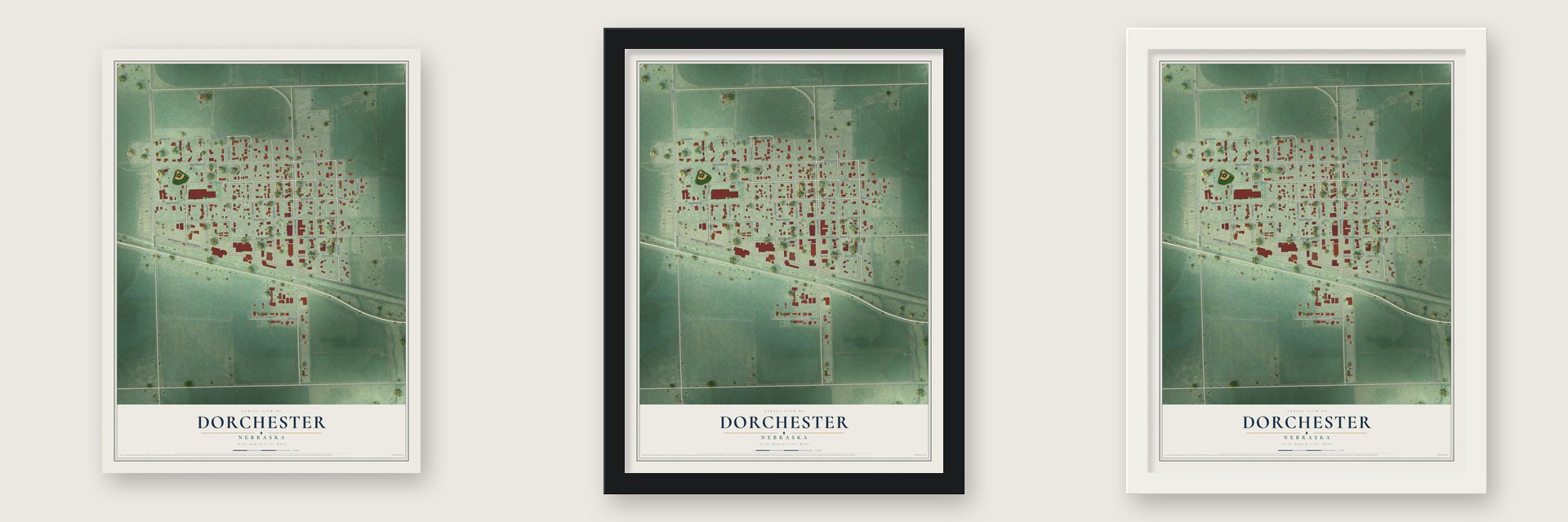 Dorchester, Nebraska map unframed, in a black wood frame and in a white wood frame