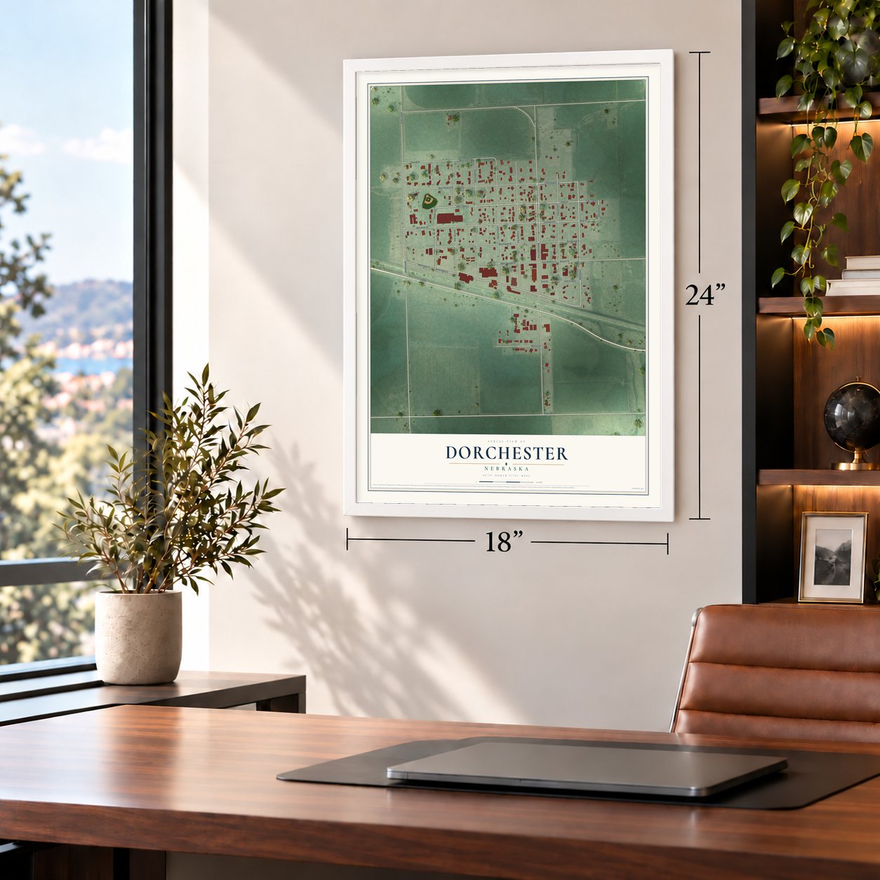 Dorchester, Nebraska map, 18 x 24 inch print in a white frame in a home office