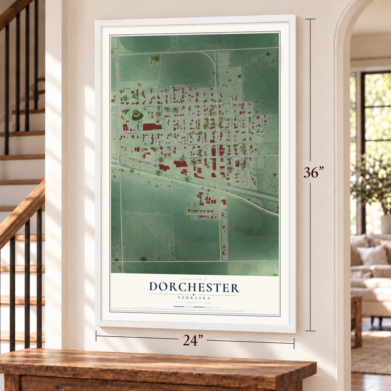 Dorchester, Nebraska map, 24 x 36 inch print in a white frame by a staircase