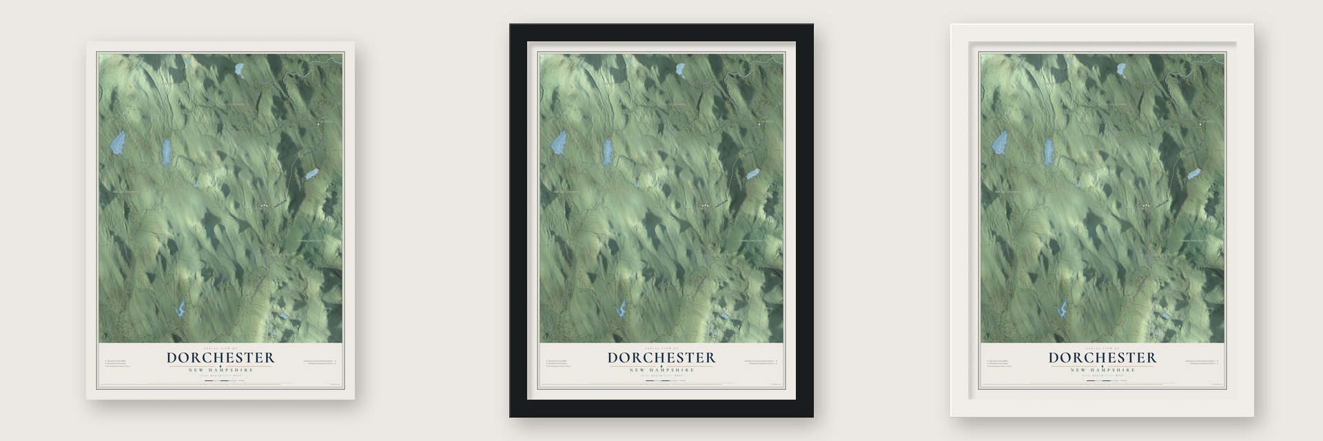 Dorchester, New Hampshire map unframed, in a black wood frame and in a white wood frame