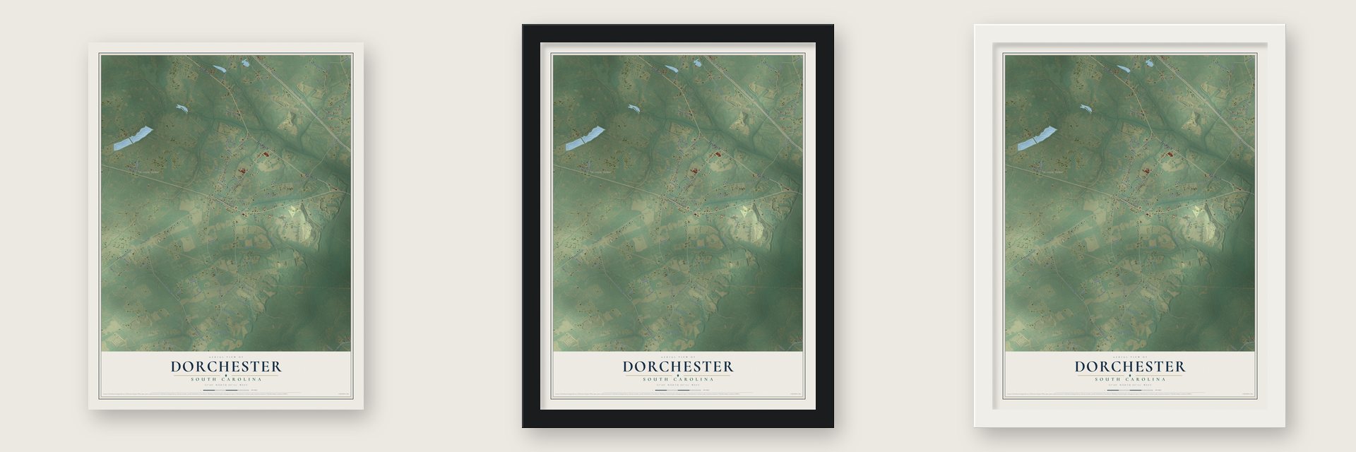 Dorchester, South Carolina map unframed, in a black wood frame and in a white wood frame