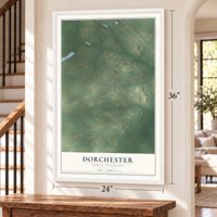 Dorchester, South Carolina map, 24 x 36 inch print in a white frame by a staircase