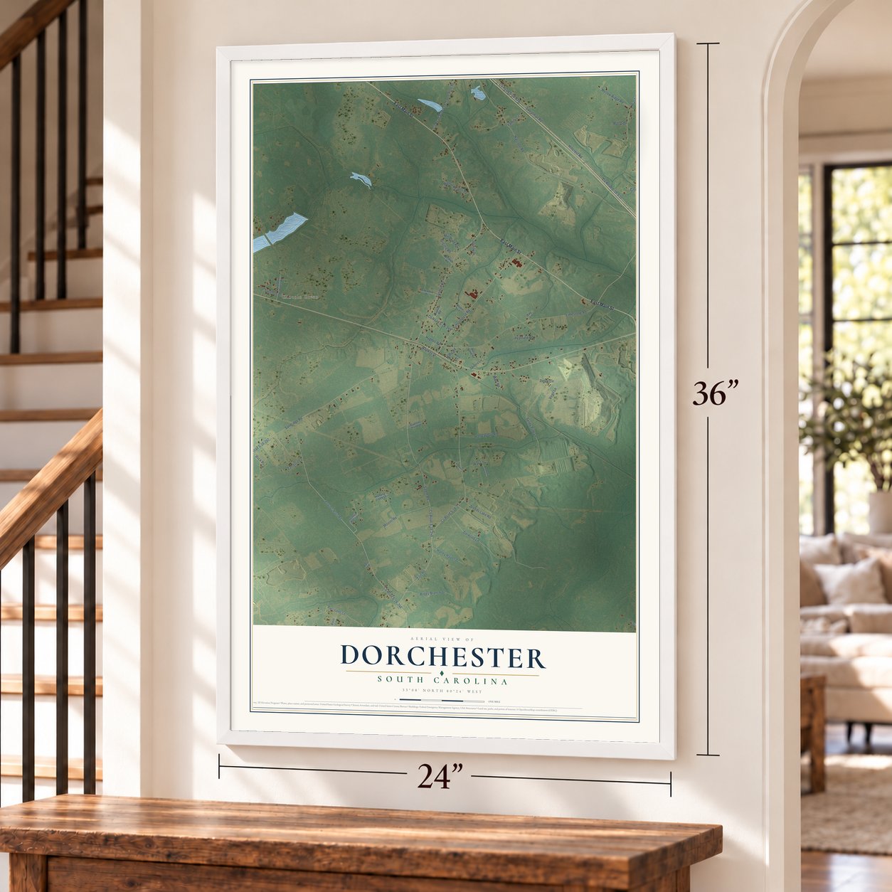 Dorchester, South Carolina map, 24 x 36 inch print in a white frame by a staircase