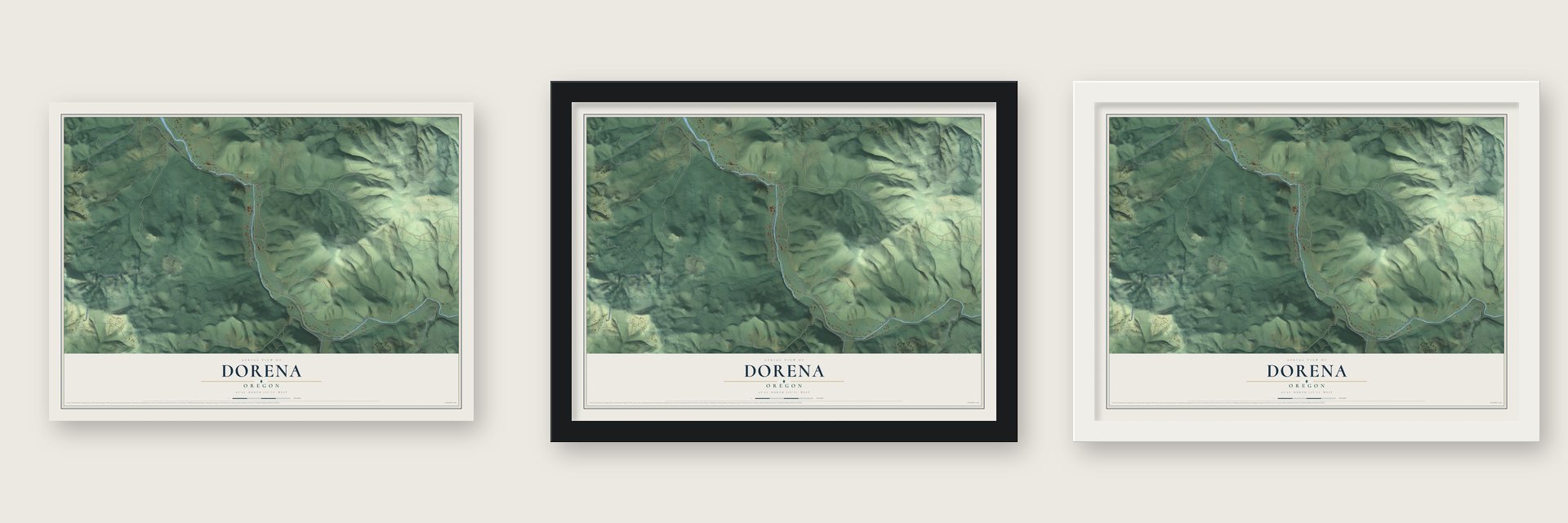 Dorena, Oregon map unframed, in a black wood frame and in a white wood frame