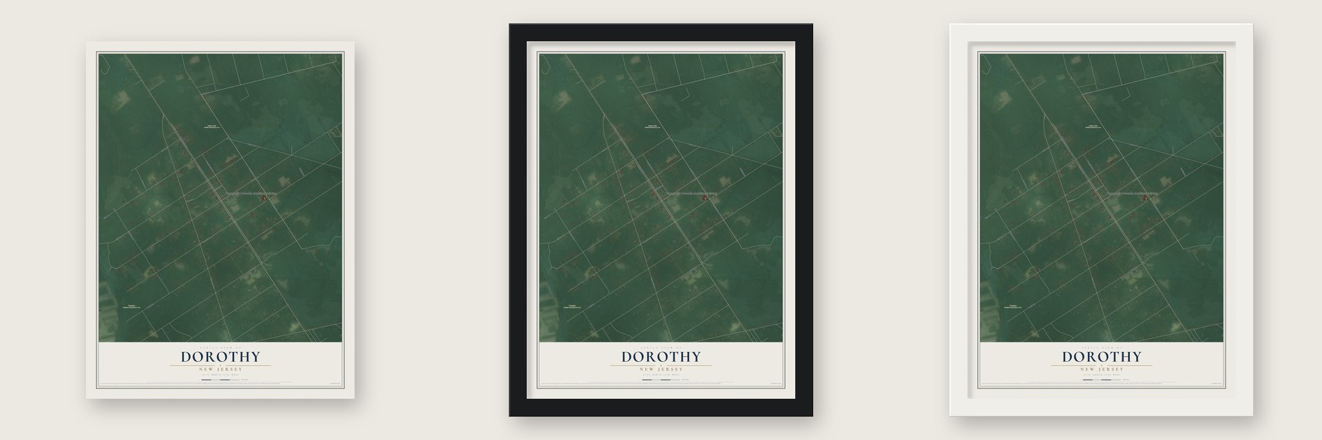 Dorothy, New Jersey map unframed, in a black wood frame and in a white wood frame