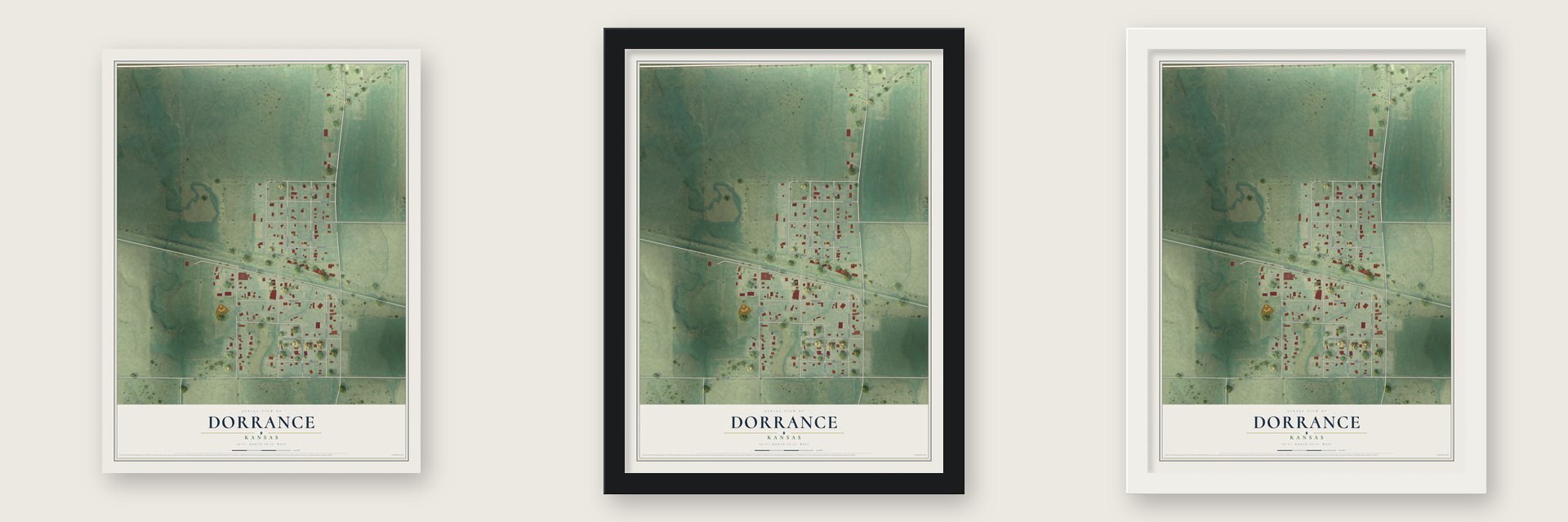 Dorrance, Kansas map unframed, in a black wood frame and in a white wood frame