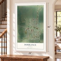 Dorrance, Kansas map, 24 x 36 inch print in a white frame by a staircase