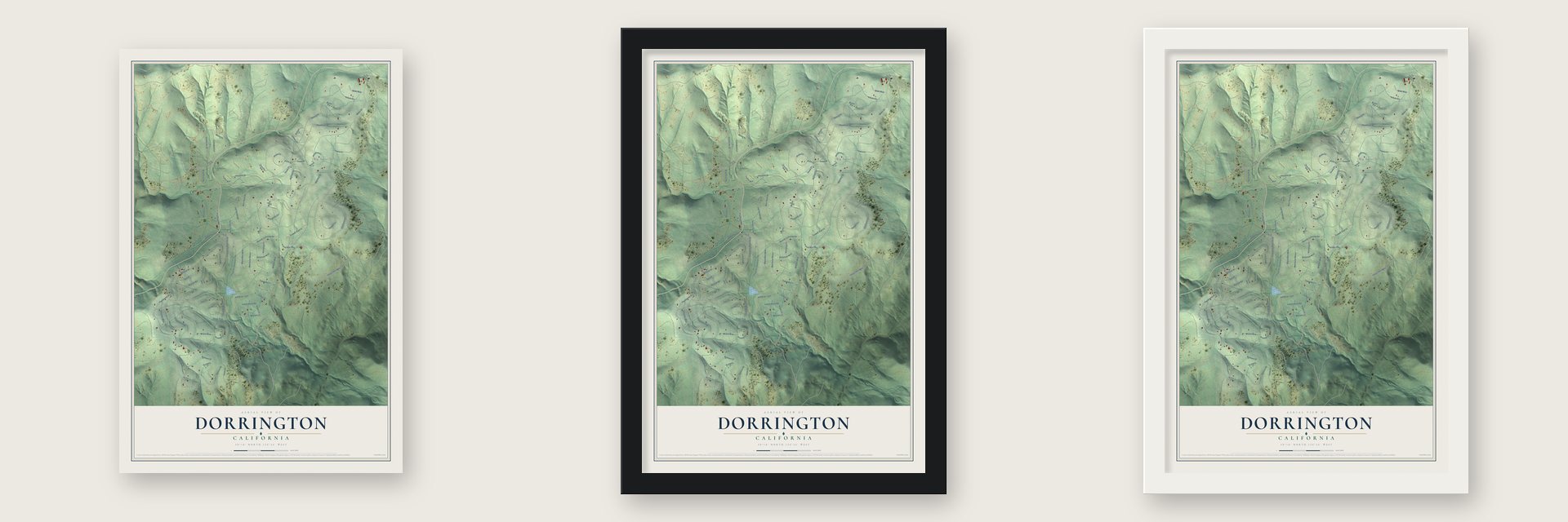 Dorrington, California map unframed, in a black wood frame and in a white wood frame