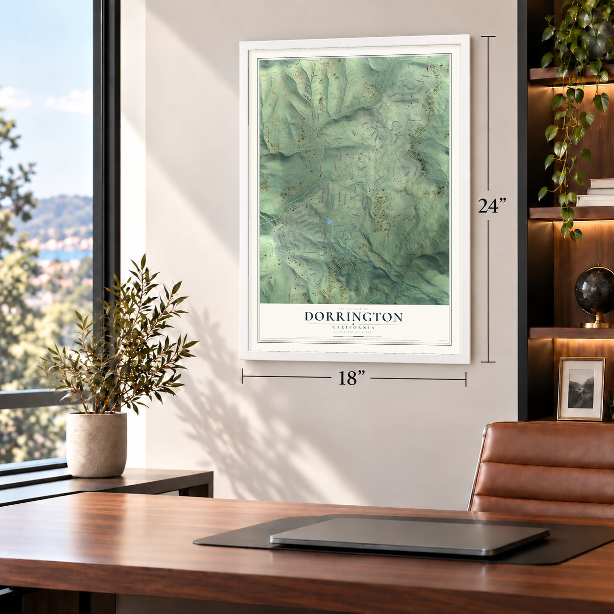 Dorrington, California map, 18 x 24 inch print in a white frame in a home office