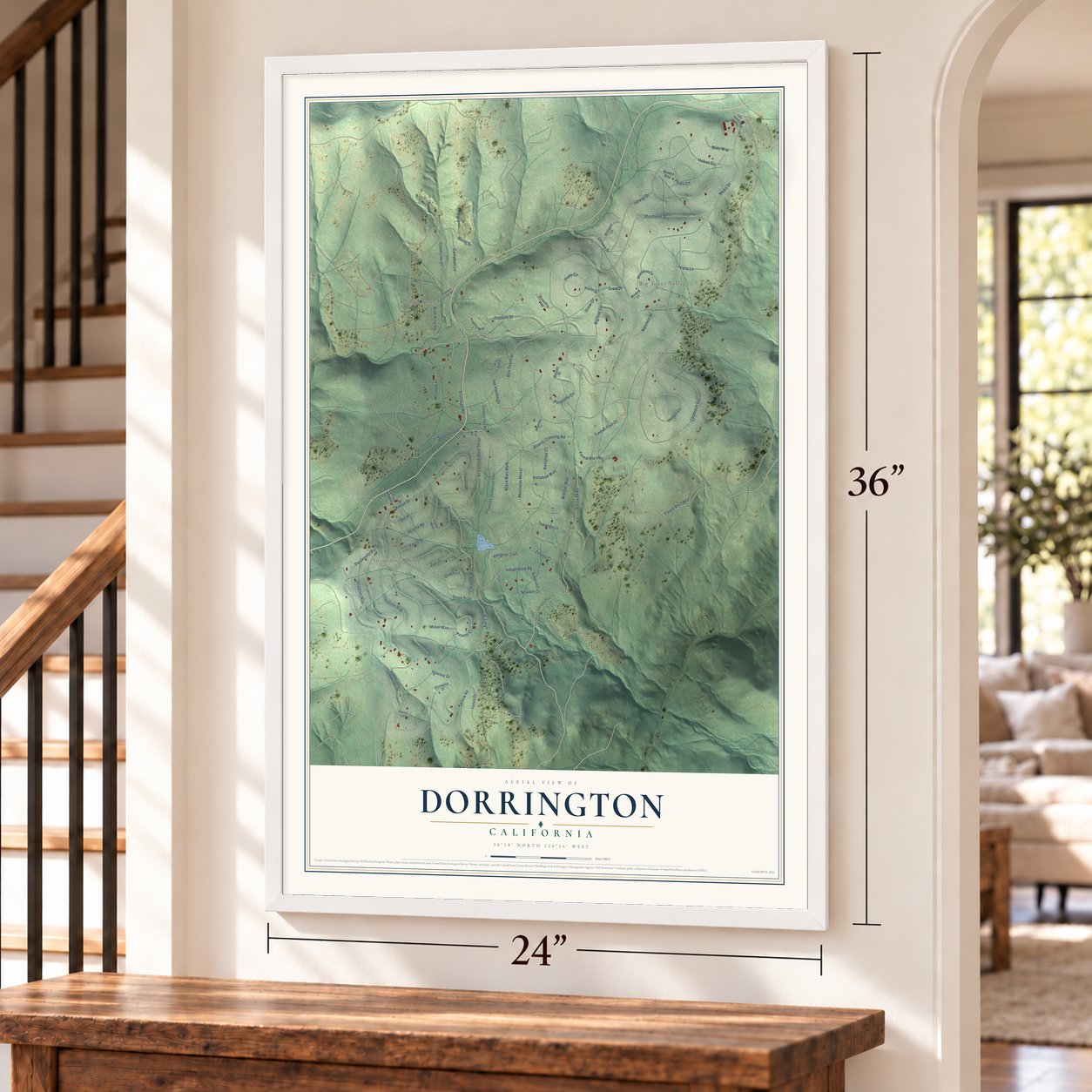 Dorrington, California map, 24 x 36 inch print in a white frame by a staircase