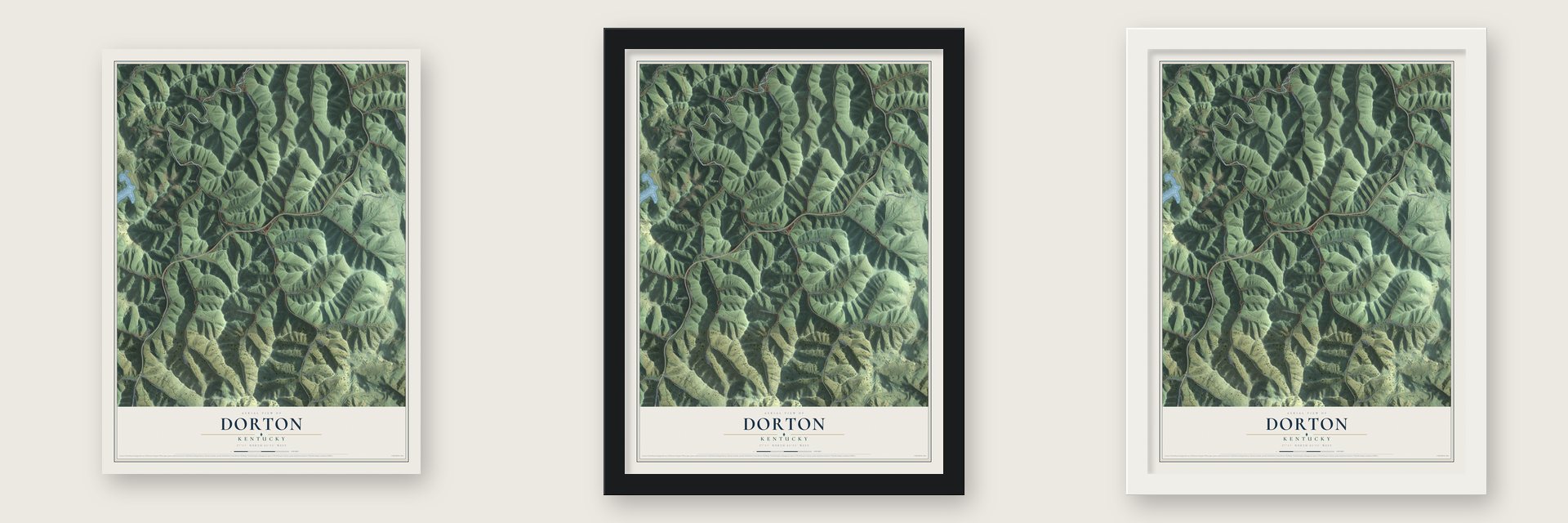 Dorton, Kentucky map unframed, in a black wood frame and in a white wood frame