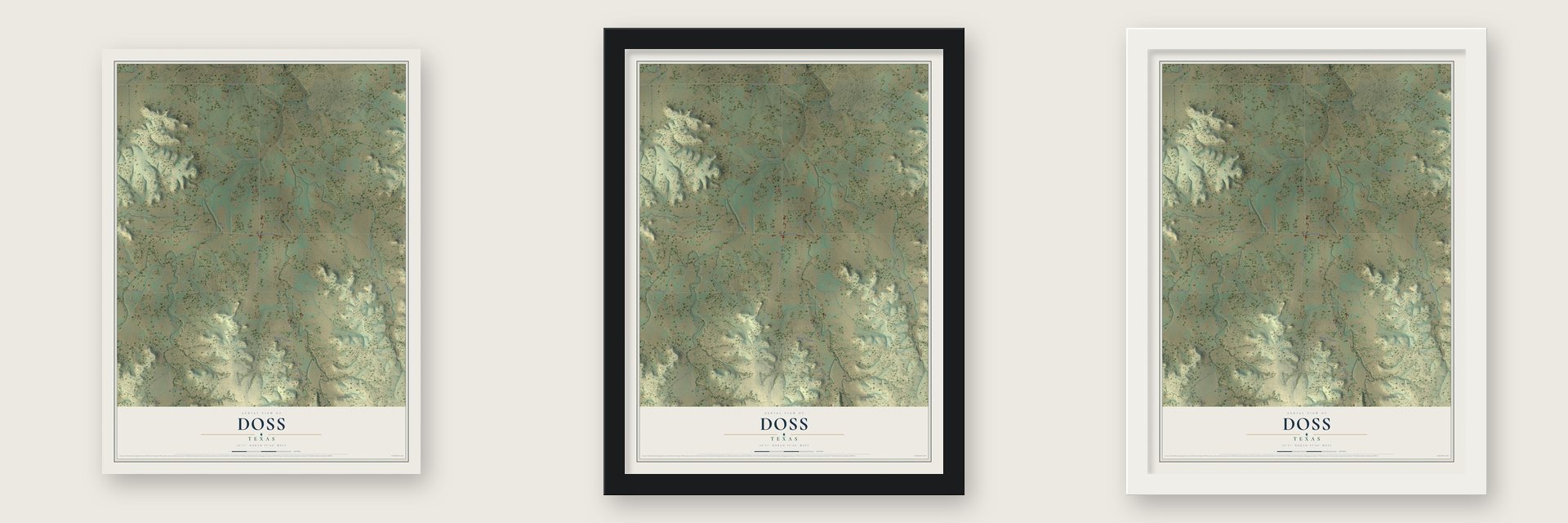 Doss, Texas map unframed, in a black wood frame and in a white wood frame