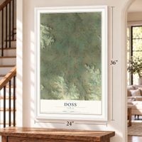 Doss, Texas map, 24 x 36 inch print in a white frame by a staircase