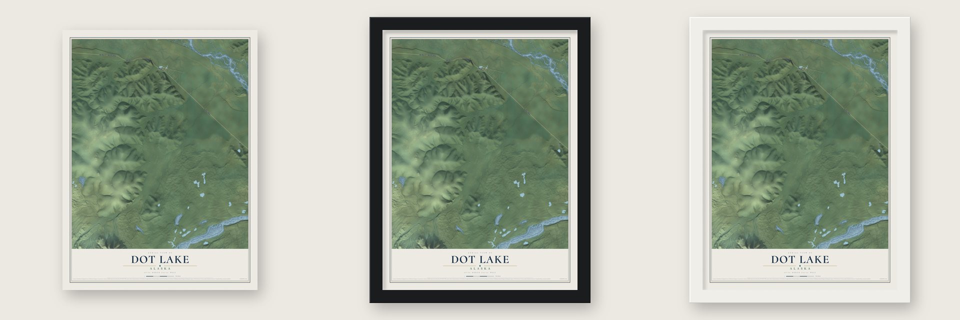 Dot Lake, Alaska map unframed, in a black wood frame and in a white wood frame