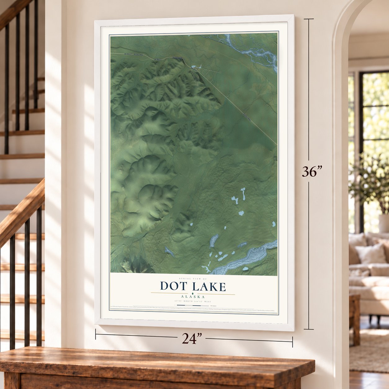 Dot Lake, Alaska map, 24 x 36 inch print in a white frame by a staircase
