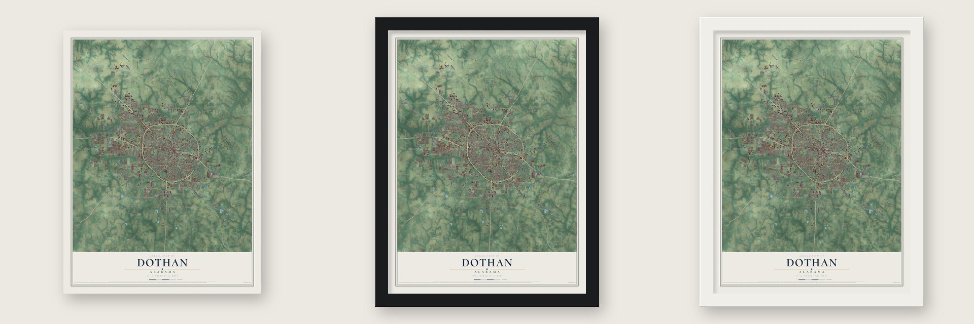 Dothan, Alabama map unframed, in a black wood frame and in a white wood frame