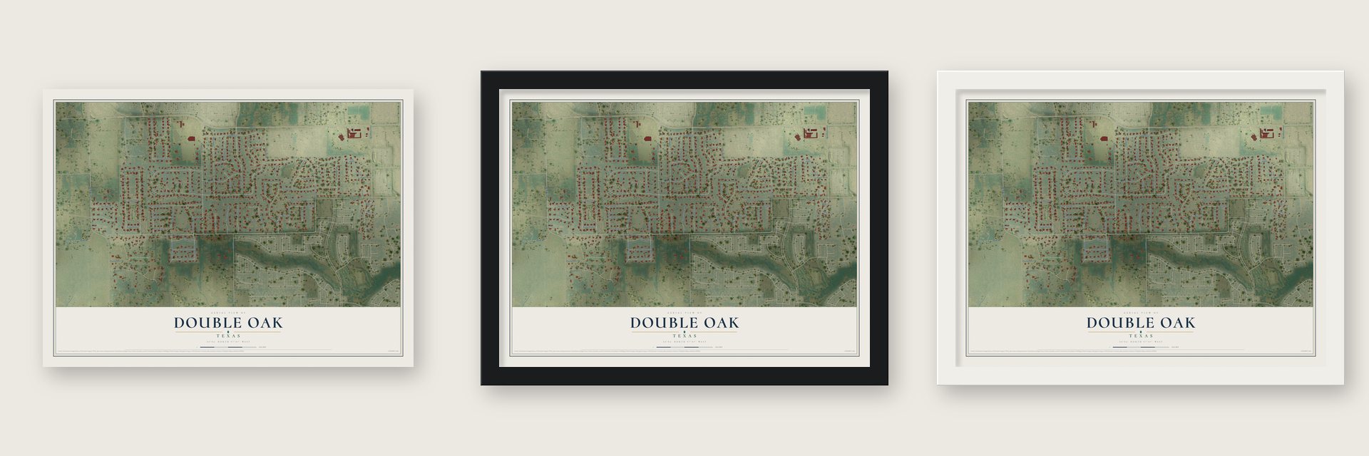 Double Oak, Texas map unframed, in a black wood frame and in a white wood frame