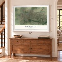 Double Oak, Texas map, 24 x 36 inch print in a white frame above a dresser by a staircase