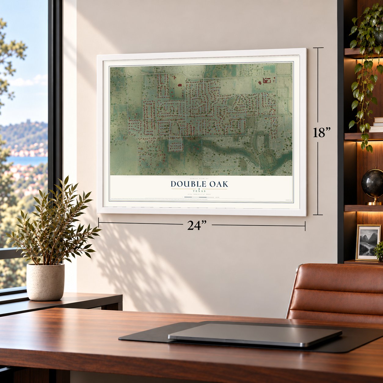 Double Oak, Texas map, 18 x 24 inch print in a white frame in a home office