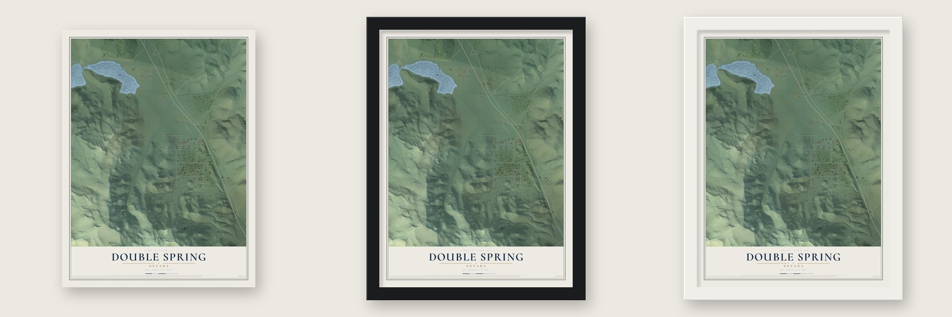 Double Spring, Nevada map unframed, in a black wood frame and in a white wood frame