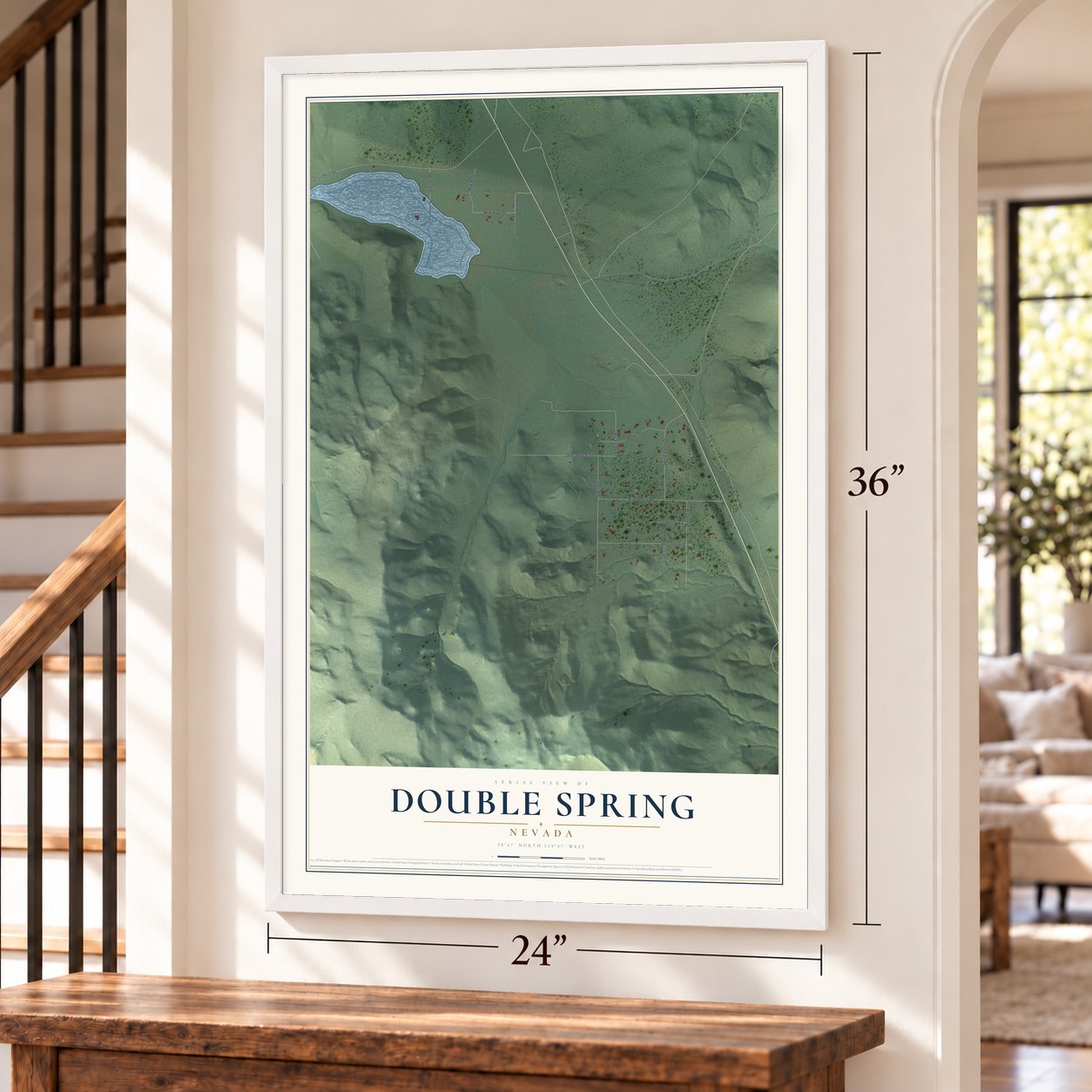 Double Spring, Nevada map, 24 x 36 inch print in a white frame by a staircase